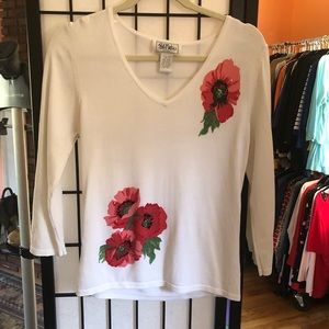 Bob Mackie v neck sweater. White /coral flowers.